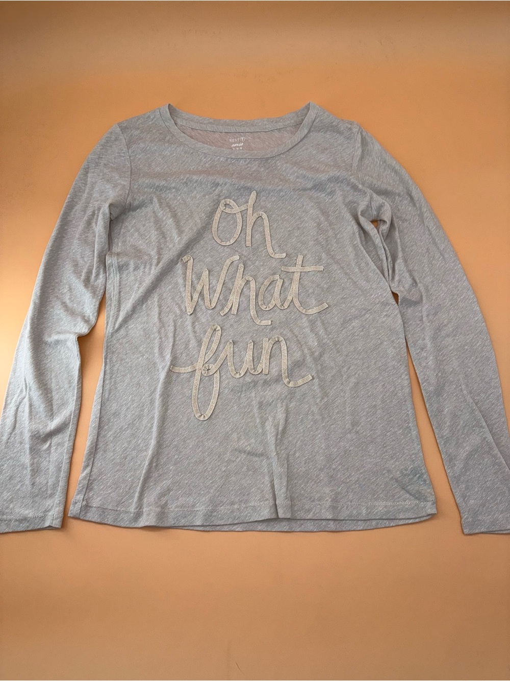 Aerie Light Gray Long Sleeve Tee with "Oh What Fun" Script